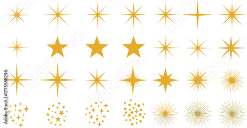 Sparkling Star Icons A Versatile Collection of Golden Starbursts and Stellar Elements for Design Projects