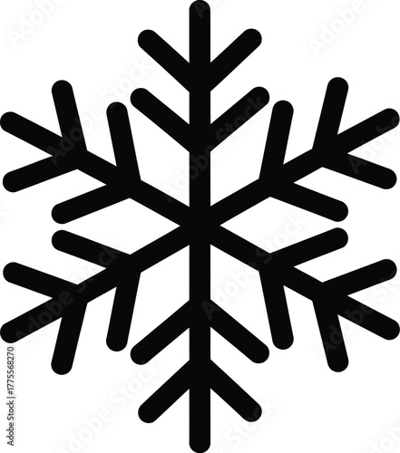 Simple black snowflake vector graphic icon representing winter cold and frost for design