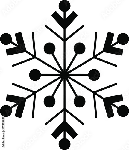 Stylized snowflake vector illustration with six points and central dots, black on white background