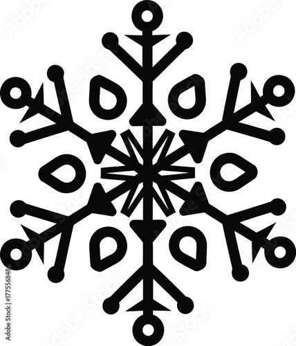 Intricate black snowflake icon with six symmetrical points, perfect for winter themes