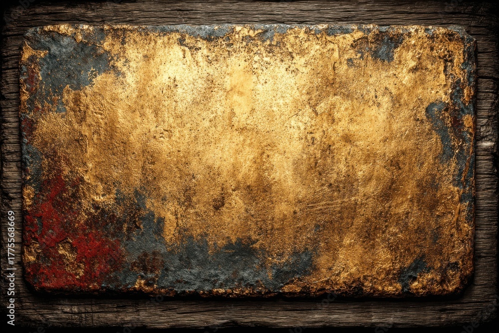 Fototapeta premium Old Weathered Plaque: An evocative close-up shot of a weathered plaque, its surface a canvas of time, boasting rich textures of gold and rust, and hints of underlying color, all framed by aged.