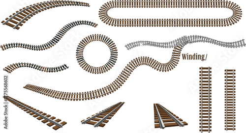 Vector illustration set of diverse railway track segments, featuring straight, curved, winding, and circular paths, perfect for train transportation, construction, and infrastructure design