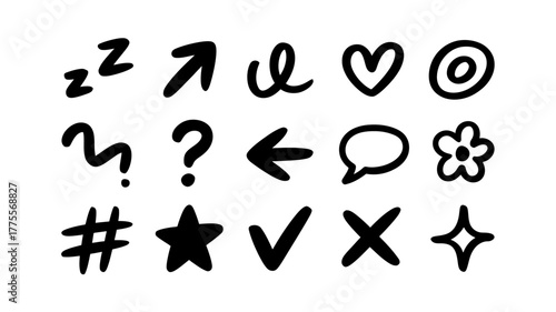 Doodle style sketch icons on white background vector illustration of hand drawn design elements for social media and creative projects