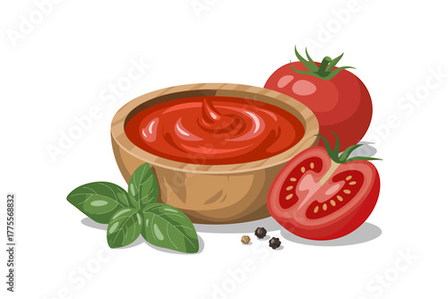 Tomato sauce in wooden bowl with fresh tomatoes and basil leaves vector illustration for culinary concepts
