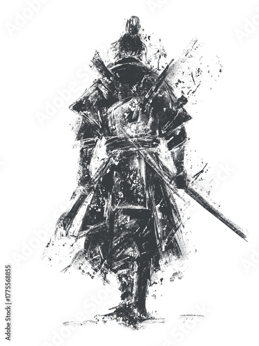 Monochrome ink illustration of a samurai from behind, clad in traditional armor with swords — expressive brushwork evokes strength, discipline, and cultural depth.