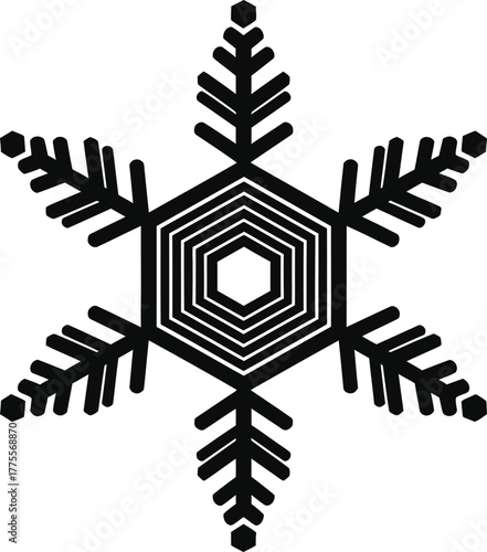 Geometric snowflake vector illustration, a stylized six-pointed star with concentric hexagonal pattern