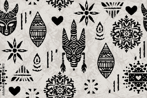 Tribal African Pattern in Black and White with Ethnic Geometric Motifs. Seamless ethnic Ikat, folk embroidery, Mexican style Aztec geometry for Graphic Arts, Carpet Design,  Wallpaper, Wrapping