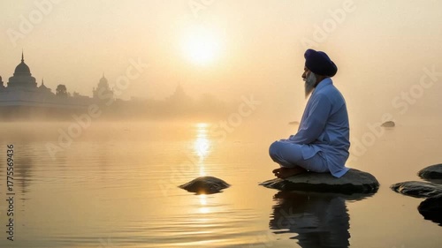 Contemplative Guru Nanak Jayanti with spiritual man meditating near river during sunrise. Guru Nanak Jayanti includes a figure in traditional Sikh attire, adding a touch of reverence and reflection.