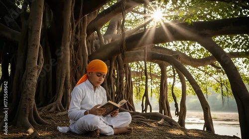 Boy reading during Guru Nanak Jayanti celebration near tree, with serene surroundings. Guru Nanak Jayanti celebration includes young child dressed in traditional attire,