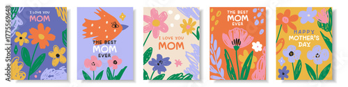 Happy Mother’s Day floral card set. Hand drawn spring flowers in elegant modern style. Trendy vector templates perfect for greeting cards, posters, and festive design projects.