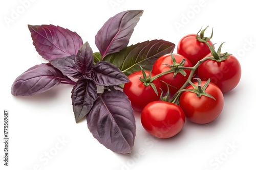 Fresh Purple Basil Leaves and Red Cherry Tomatoes – Hyper-Realistic Isolated Photo
