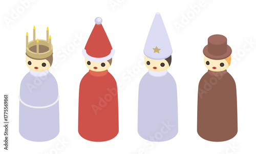 Scandinavian Saint Lucy's Day procession, set of figurines of singing children - hand drawn isometric vector illustration.