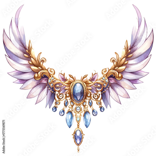 Gilded Fairy Necklace, watercolor painting vector, isolated on a white background.