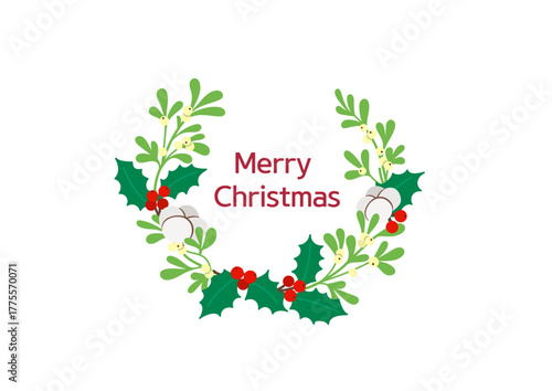 Natural Christmas wreath with mistletoe, holly and cotton