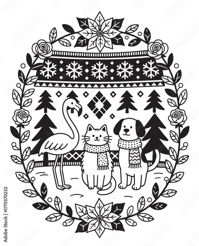 Fototapeta premium Cozy Winter Coloring Page with Flamingo, Cat, and Dog in Snowy Forest – Cute Christmas Animal Art for Kids