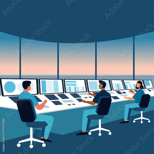 Mission or air traffic control team in airport tower. Controllers managing aircraft departure and arrival with radar, navigation systems, and computer monitors for aviation industry teamwork or safety