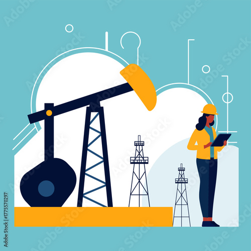 Black woman on tablet for oilfield inspection as engineer at rig, working with oil pump jack machinery, petroleum equipment and energy industry technology for drilling, maintenance and production site