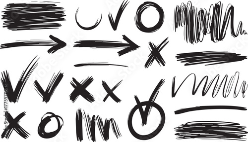black pencil hand drawn various oval, chalked arrows, check marks. Vector doodle marker drawing. Hand drawn charcoal symbols for diagrams. Freehand grunge red strikethrough and underline elements
