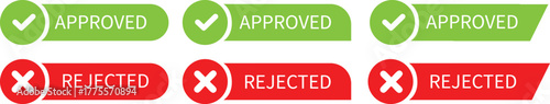 Approved and rejected vector signs. Approved rejected icons. Green check mark and red cross icons. Approve and reject web interface element vector illustration.