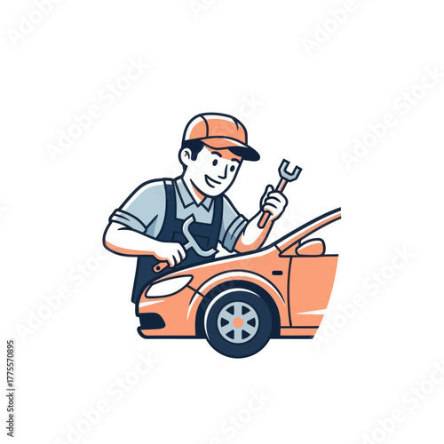 Smiling auto mechanic repairing car with tools illustration