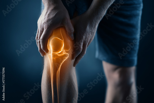 Knee joint and muscle pain, X-ray visualization. Inflammation or arthritis. Man holding red painful spot with hand.