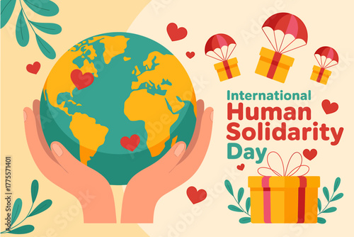 International Human Solidarity Day Celebration with Earth Globe and Gifts Sharing Love and Support around the World