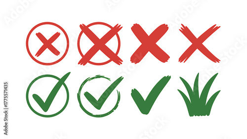 Set of Hand Drawn Check Marks and Crosses Approval Symbols in Green and Red for Web Design and Presentation
