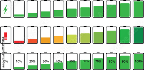 Battery icon set. low to full battery level status indicator with charging symbol for mobile app, ui, and other design. vector illustration on transparent background