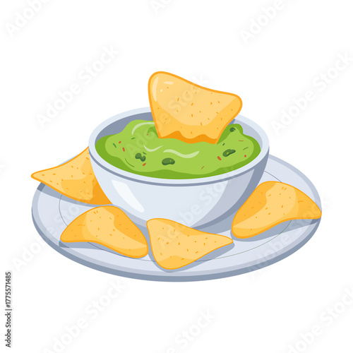 Delicious guacamole in a bowl with crispy tortilla chips served on a plate for a tasty snack and a satisfying meal
