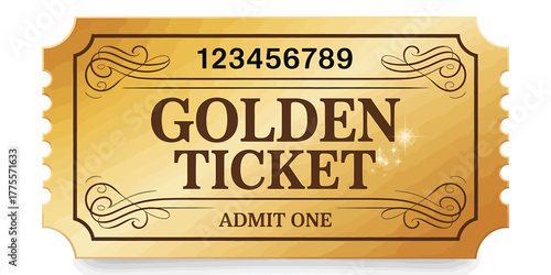 Elegant Golden Ticket Illustration with Numbered Sequence and Admit One Detail for Events and Promotions