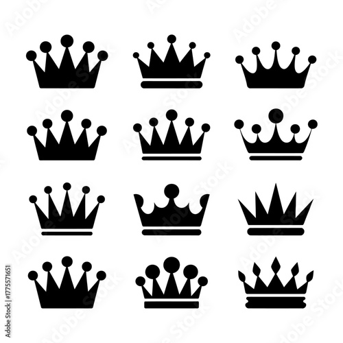 Collection of black crown vector icons representing royalty leadership and historical power for graphic design elements on white background