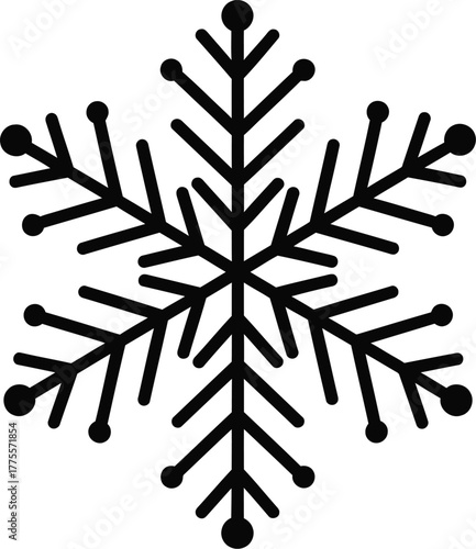 Black snowflake vector illustration, detailed geometric ice crystal design element for winter