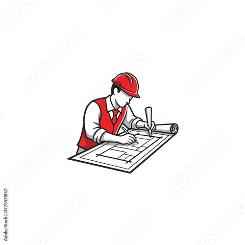 Construction engineer architect drawing blueprint plan design work professional safety helmet