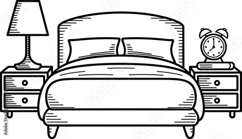 Classic Bedroom Interior with Bed and Nightstands - Engraving Vector Art