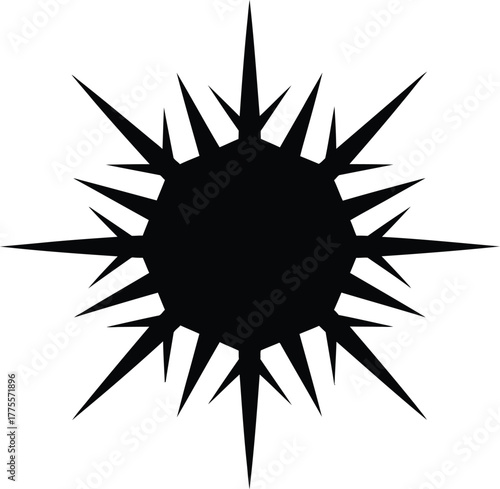 Black spiky abstract shape on white background, a burst of sharp points radiating outward from center
