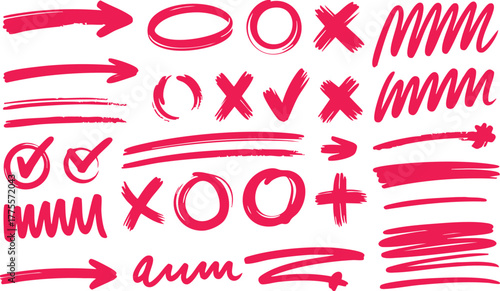 Red pencil hand drawn various oval, chalked arrows, check marks. Vector doodle marker drawing. Hand drawn charcoal symbols for diagrams. Freehand grunge red strikethrough and underline elements