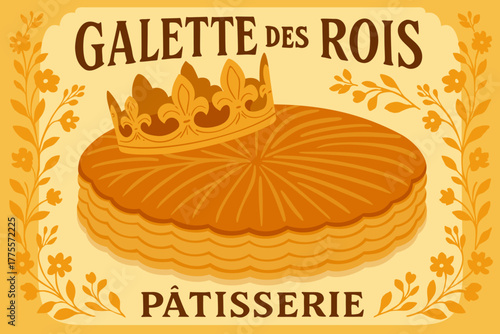 Galette des Rois. French patisserie. Vector poster with floral decor and lettering