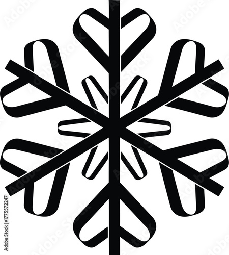 Symmetrical six-pointed snowflake design in black and white vector illustration graphic
