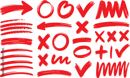 Red pencil hand drawn various oval, chalked arrows, check marks. Vector doodle marker drawing. Hand drawn charcoal symbols for diagrams. Freehand grunge red strikethrough and underline elements