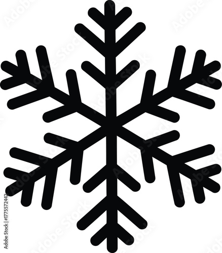 Black simple geometric snowflake icon, a symbol of winter and cold weather, stylized design
