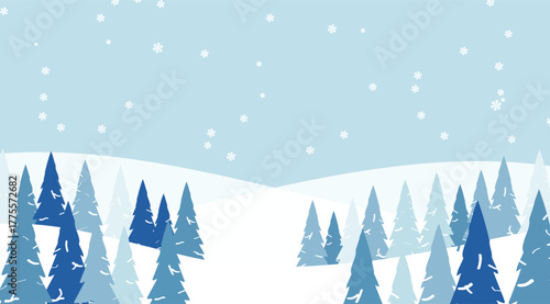 A serene winter landscape unfolds with blue-toned coniferous trees set against snowy hills under a pale blue sky dotted with delicate white snowflakes creating a peaceful scene