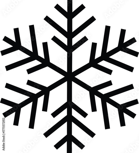 Stylized black snowflake icon vector illustration with six branches on a white background.