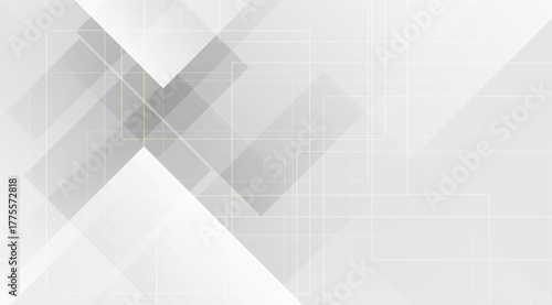 Abstract geometric background featuring a dynamic interplay of gray and white overlapping shapes, clean lines, and intersecting squares creating a modern, minimalist design