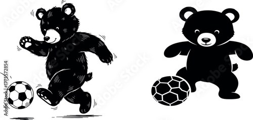 Adorable Bear Cub Playing Soccer/Football - Stylized Black Silhouette Vector Art