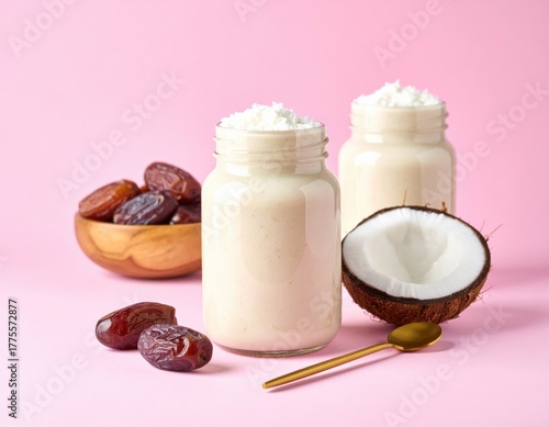 Refreshing coconut date smoothies are presented in clear jars with fresh dates and a cut coconut on a vibrant pink background.