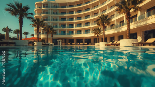 Luxury resort pool shimmers under sunny skies