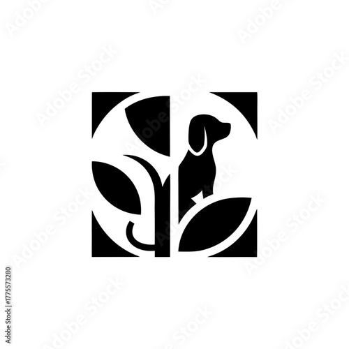 Dog silhouette in square frame art on transparent background