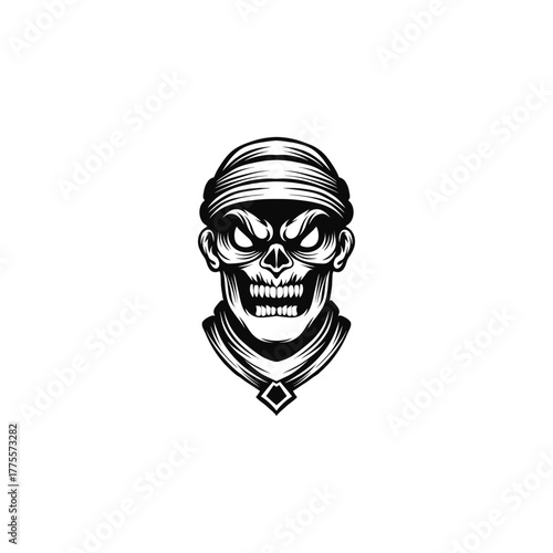 black and white angry mummy skull illustration mascot logo