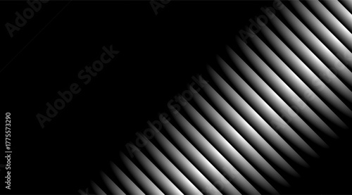 Striking monochrome graphic with parallel diagonal lines creating a dramatic interplay of light and shadow that results in a compelling abstract composition