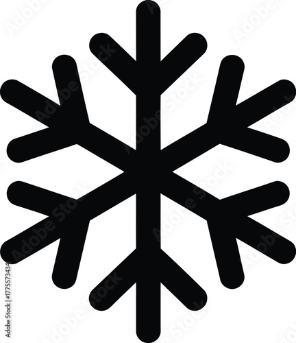 Black snowflake icon simple vector graphic representing winter cold weather and frozen precipitation element
